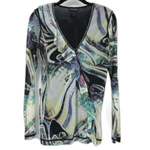 Nathalie Chaize Mesh Top Womens Size 12 Art-To-Wear Print Sheer Long Sleeve Y2K